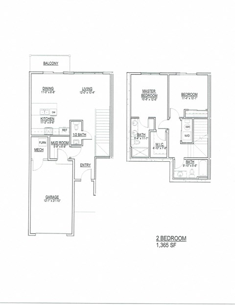 Floor Plan, 2 Bedroom, 2.5 Bath Home with Attached 1-Stall Garage